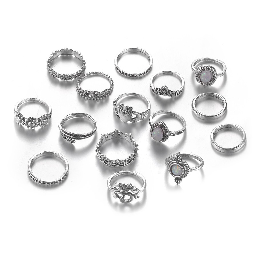 Jewelry For Women Rings 14Pcs Rings Set Natural Gemstone Fire Opal