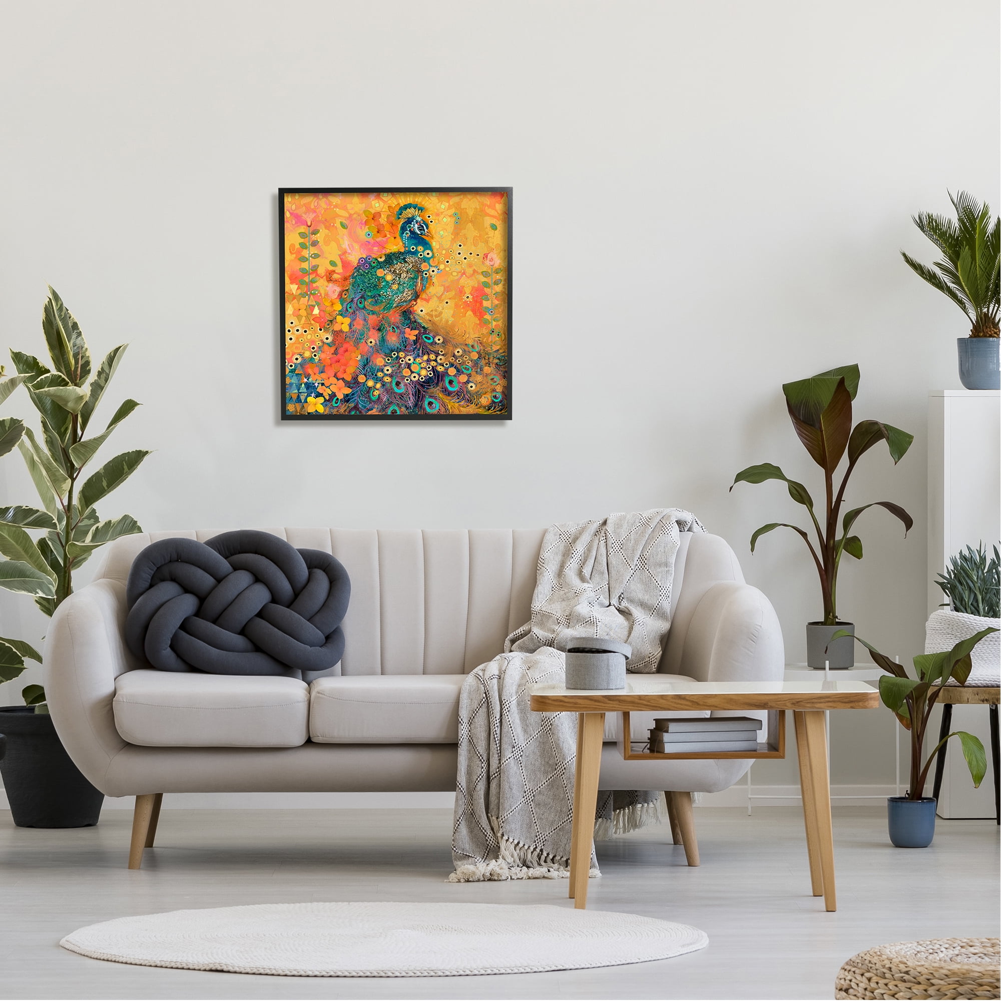 Stupell Industries Bohemian Peacock Pattern Animals & Insects Painting Black Framed Art Print Wall Art, 24 x 24