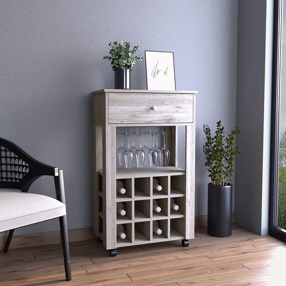 Light Gray Mobile Bar Cart with Wine Rack | Suitable for Outdoor Parties | Offers Flexibility in Placement