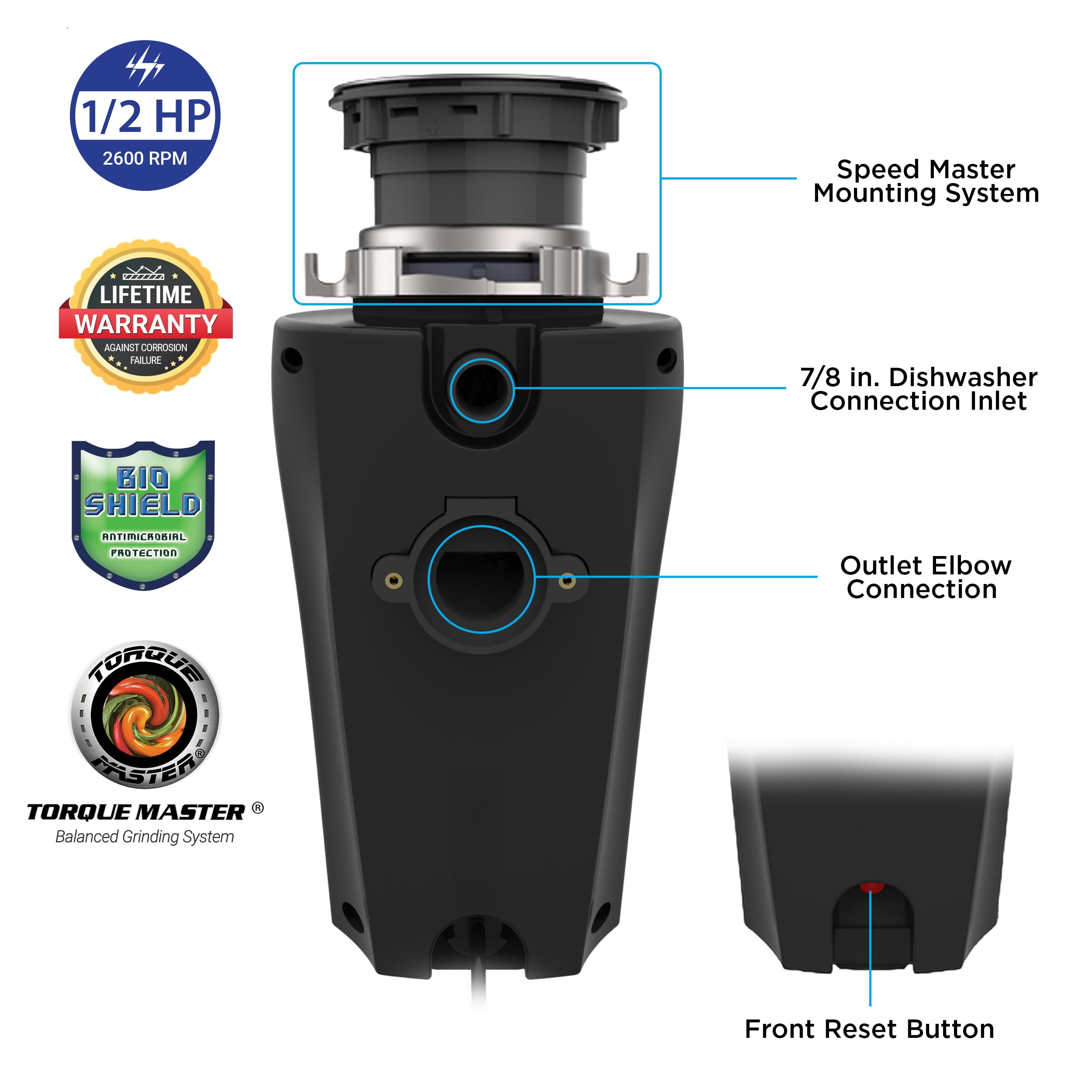 Waste Maid Pro 1/2 HP Continuous Feed Garbage Disposal with Speed Master Mounting System 10-US-WMP-659