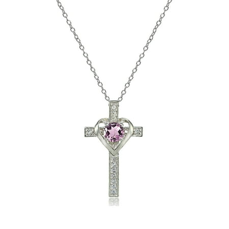 - Sterling Silver Gemstone Birthstone Heart in Cross Necklace