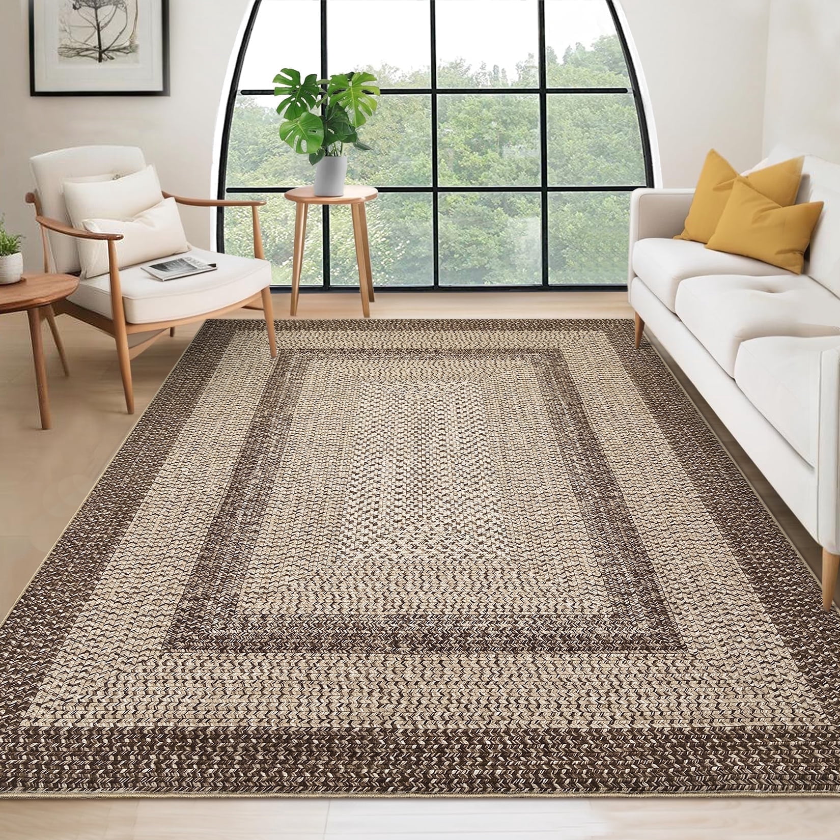 Garvee 8'x10' Printed Braided Rugs Farmhouse Bordered Carpet, Machine Washable Indoor Area Rug Non-Slip Low Pile Rugs for Living Room Bedroom Home Decor, Natural