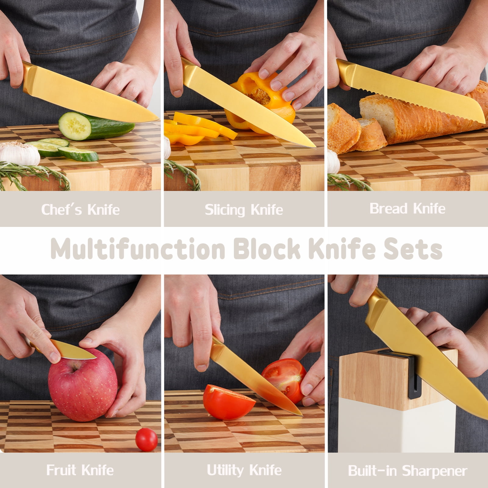 Kitchen Knife Set, 6-Pieces Golden Titanium Coated Knife Block Set with Wood Knife Block & Built-in Sharpener, Stainless Steel Sharp Chef Knife Set, Knives Set for Home Kitchen