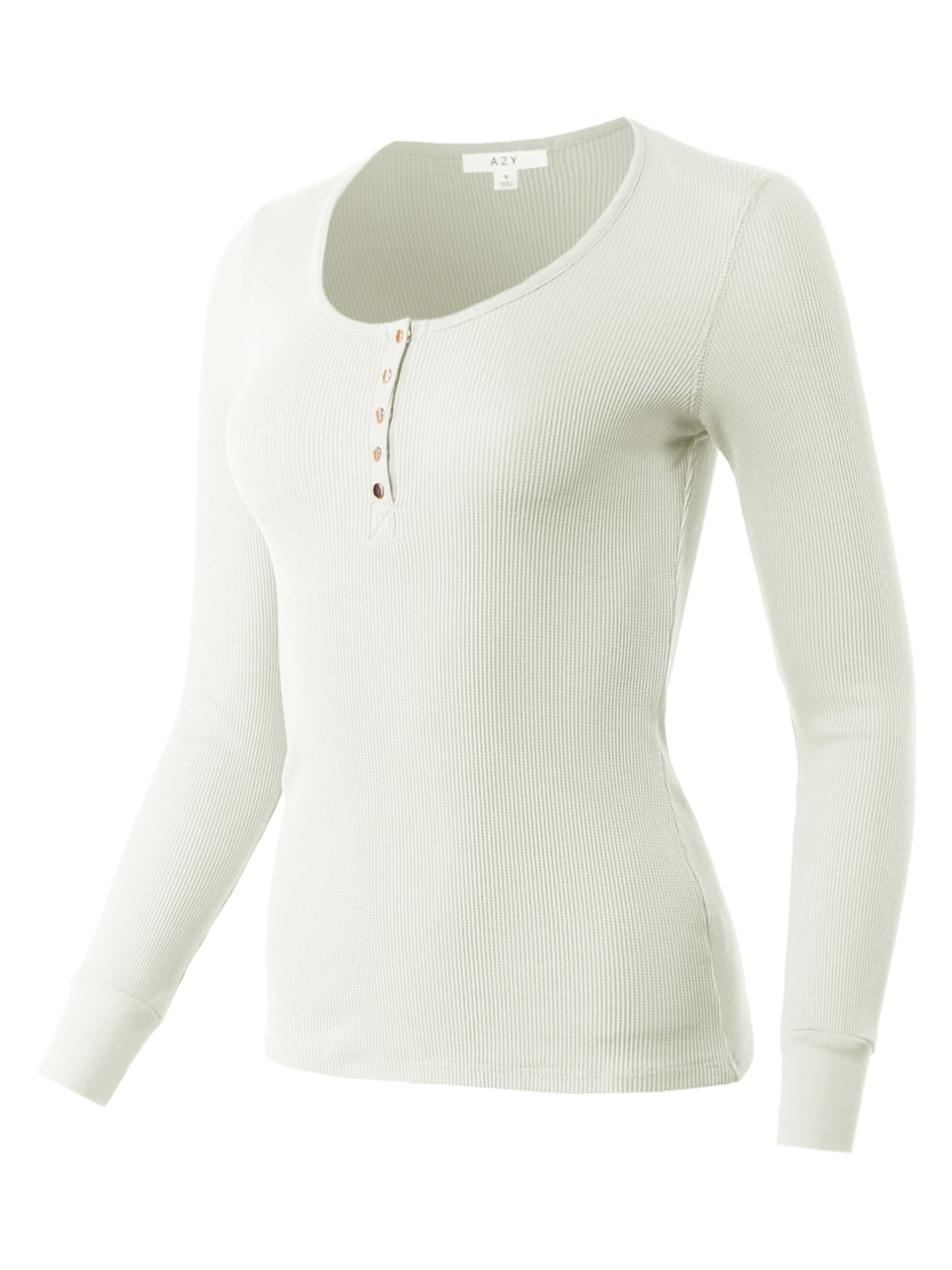 A2Y Women's Fitted Snap Button Henley Crew Neck Long Sleeve Thermal Knit  Tops Heather Grey L 