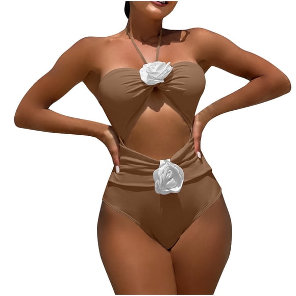 Trajes de baño de una pieza para mujer, bikini de moda de color liso con cordón y tirantes de rosas huecas, traje de baño para mujer, trajes de baño para mujer, moda de playa para mujer