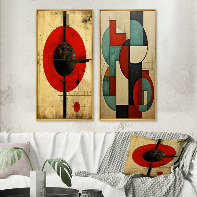 Designart "Vintage Full Moon Prayer Illustration" Transitional Framed Wall Art Set Of 2 - Abstract Red Framed Canvas Set For Living Room Decor