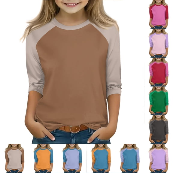 Boys 3/4 Sleeve Raglan T Shirts Kids Color Block Crewneck Casual Tops Tees 4-14 Years Red 110