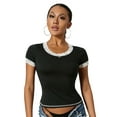 thumbnail image 6 of Women's Solid Color Tops, Short Sleeve Lace Trim Round Neck T-Shirts, 6 of 9