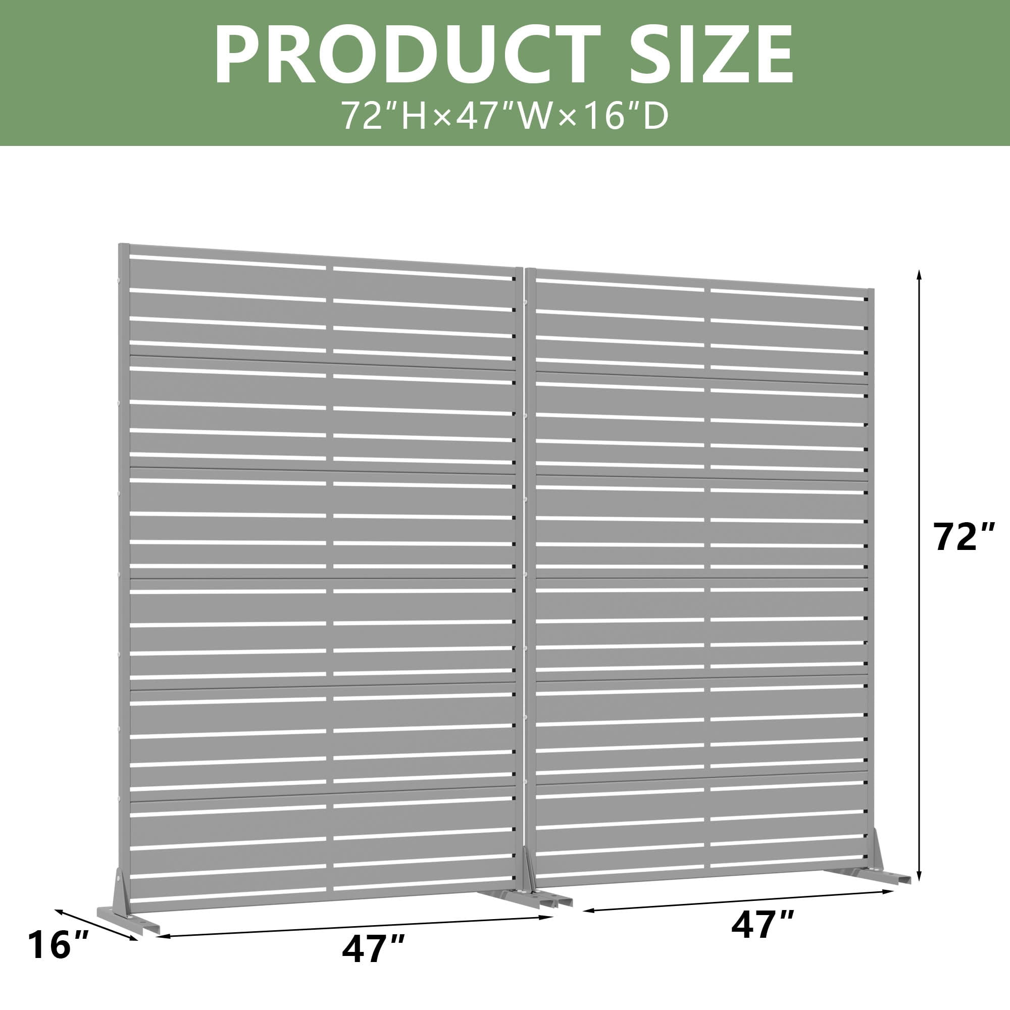 MAYEERTY 2-Piece 72"x47" Privacy Screen, Gray 6-Panel Galvanized Steel Louvered Fence, Wide-1 Narrow-2, Freestanding for Patio Backyard