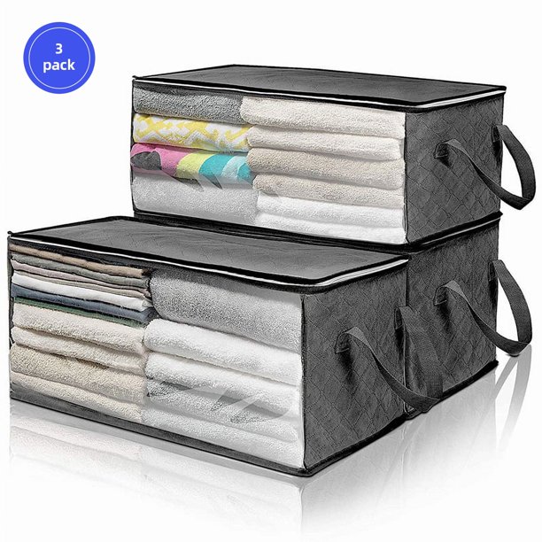 Bolsa de almacenamiento plegable, juego de 3 organizadores de ropa plegables grandes, ventana transparente y asas de transporte, ideal para ropa, mantas, armarios, dormitorios