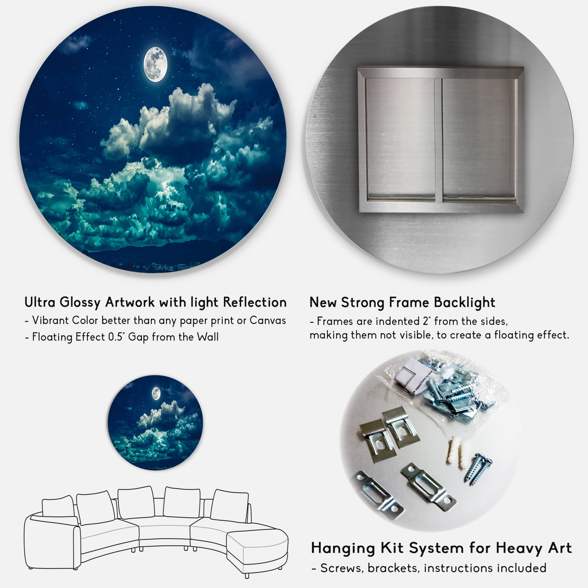 Designart 'Full Moon Night in Cloudy Sky II' Nautical & Coastal Circle Metal Wall Art 36x36 - Disc of 36