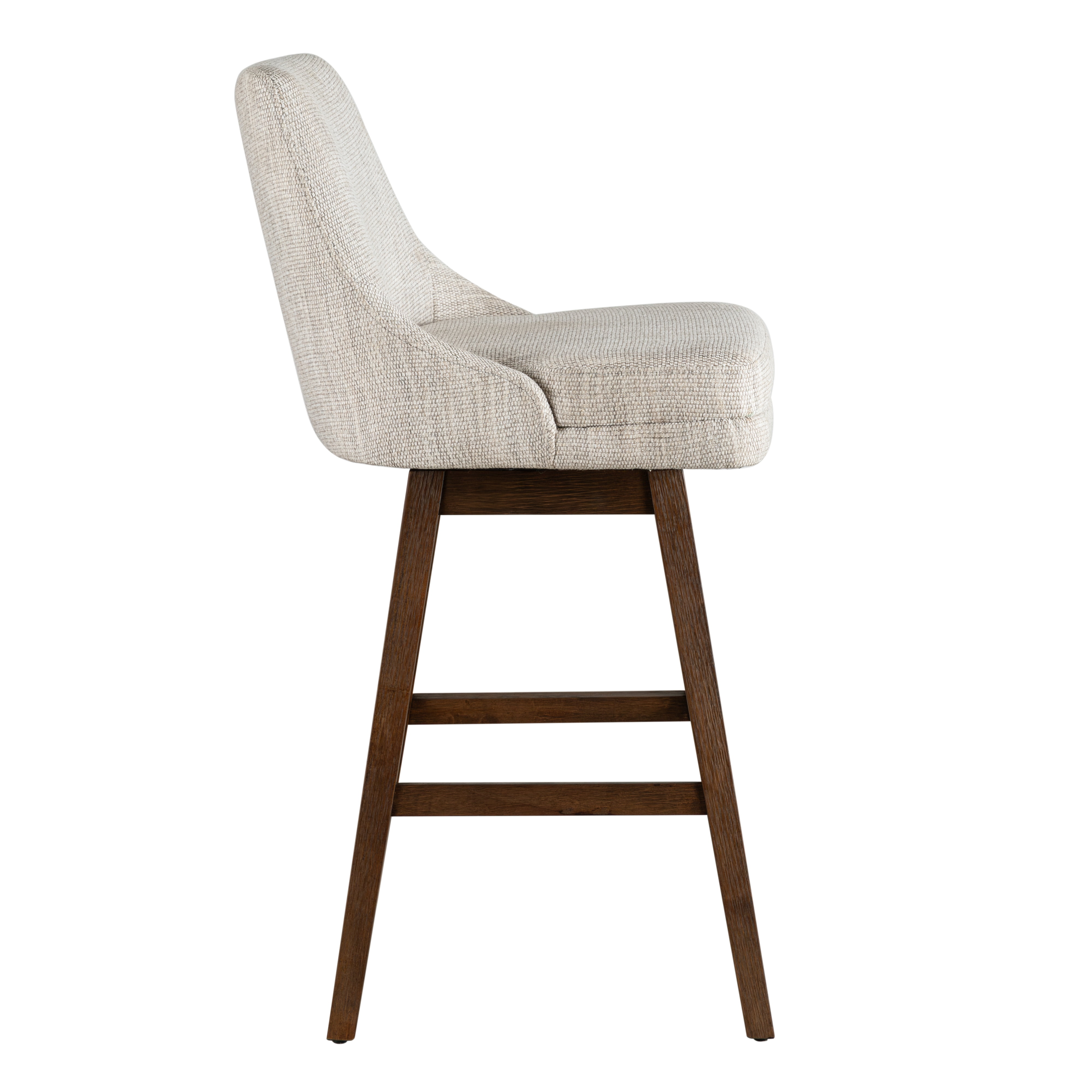 Armen Living Branson Brown Solid Wood Upholstered 30" Bar Height Swivel Barstool with Beige Fabric Seat