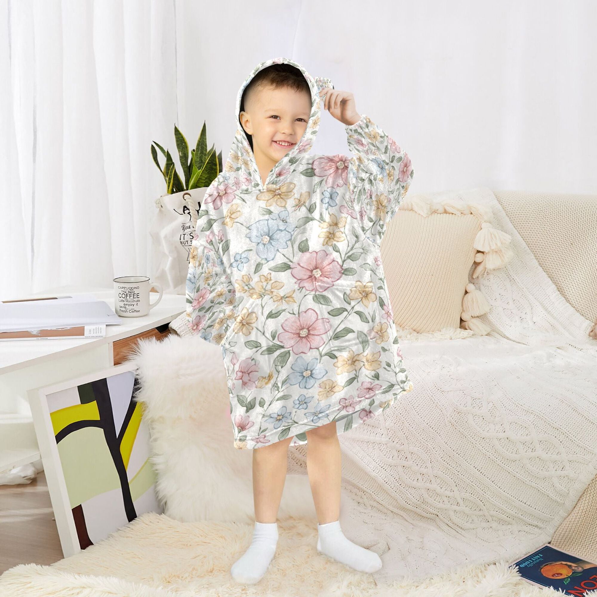FORMRS Wearable Blanket Hoodie with Sleeves for Kids Cozy Flannel Sweatshirt, Pastel Floral Pattern