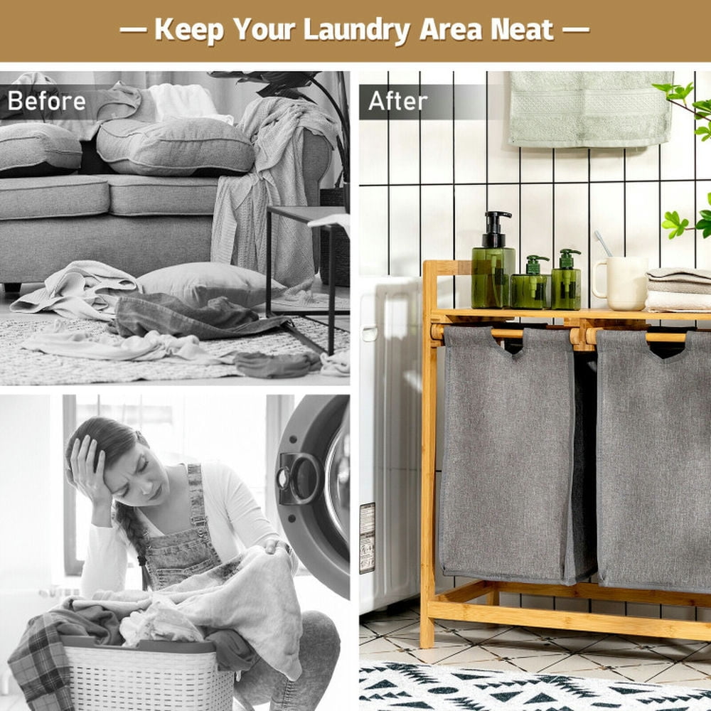 Finihen Laundry Hamper, Laundry Basket, Bamboo Laundry Hamper with Dual Compartments Laundry Sorter and Sliding Bags, for Bathroom, laundry Room, Natural Finihen Laundry Hamper, Laundry Basket, Bamboo Laundry Hamper with Dual Compartments Laundry Sorter and Sliding Bags, for Bathroom, laundry Room, Natural