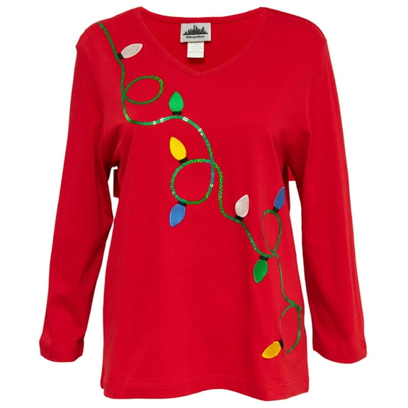 Metropolitan Women's Christmas Lights Long Sleeve Red Shirt, Small/Medium