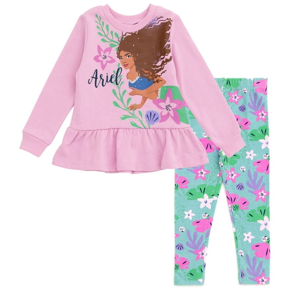 Disney Little Mermaid Ariel Peplum Fleece Sweatshirt and Leggings Outfit Set Toddler to Big Kid
