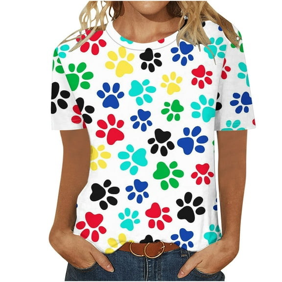 Fesfesfes Womens Tops Women Fashion Casual Printed Short Sleeve Round-Neck Pullover Blouse T-shirt Tops Tunic Tops S(US:4)