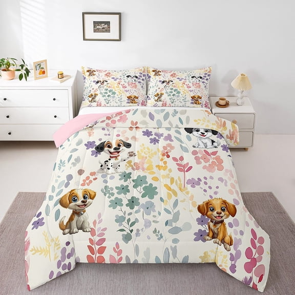 Kawaii Dog Queen Comforter Set,Cute Rainbow Flower Dog Bedding Set Pet Lover Gifts,Colorful Floral Leaf Quilt Bed Set Cartoon Animal Bed Comforter