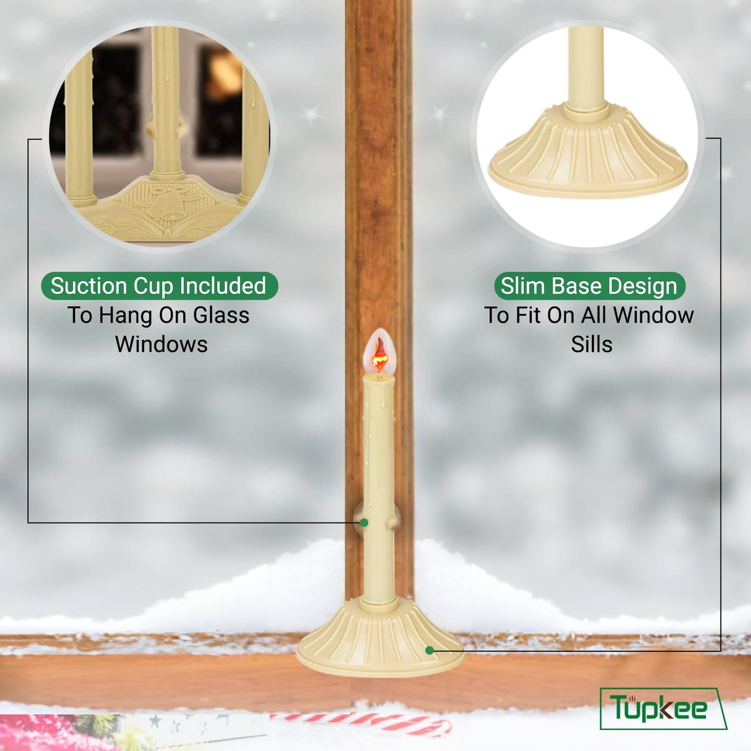 Tupkee Christmas Candolier Window Candle  with Flickering Bulb  Single Indoor -Flameless Electric Window Candle Candelabra - 2 Pack