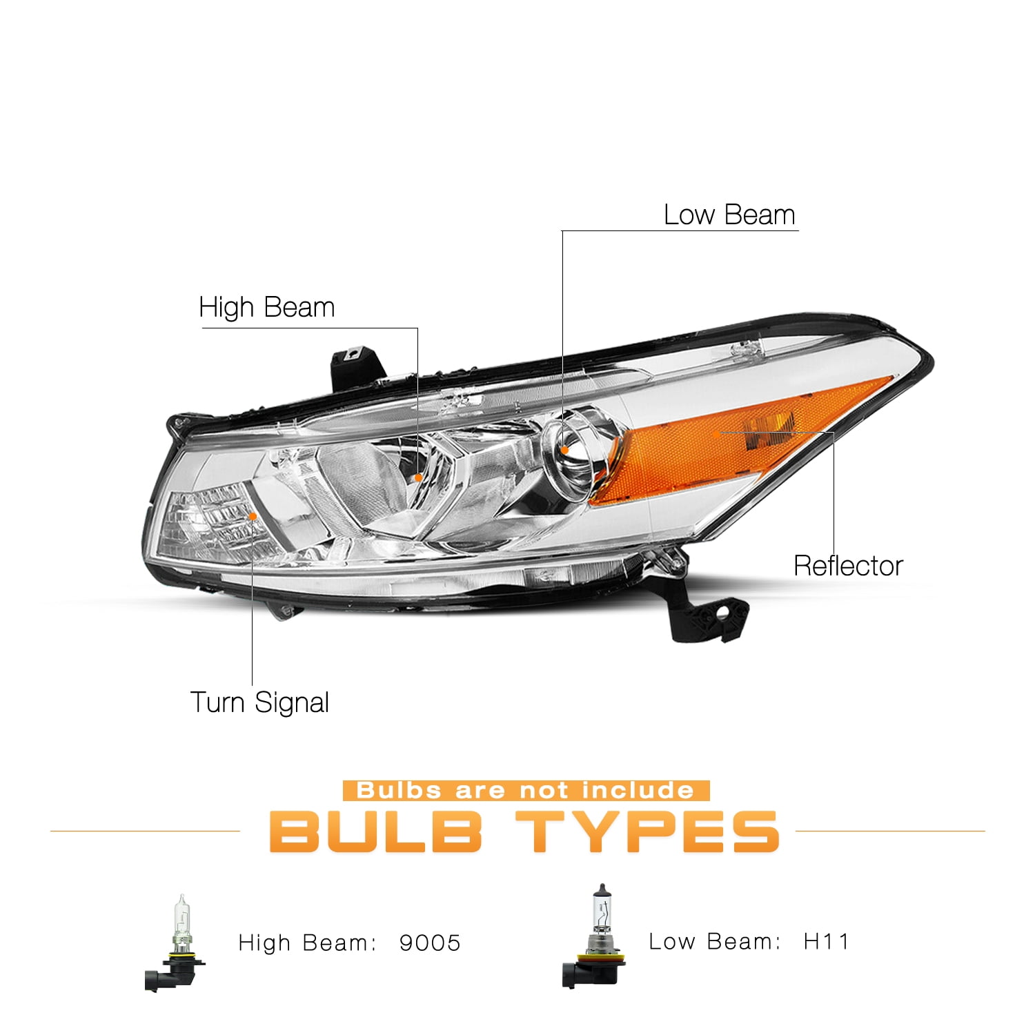 For 08-12 Honda Accord Coupe Halogen Chrome Amber Projector Headlights Pair