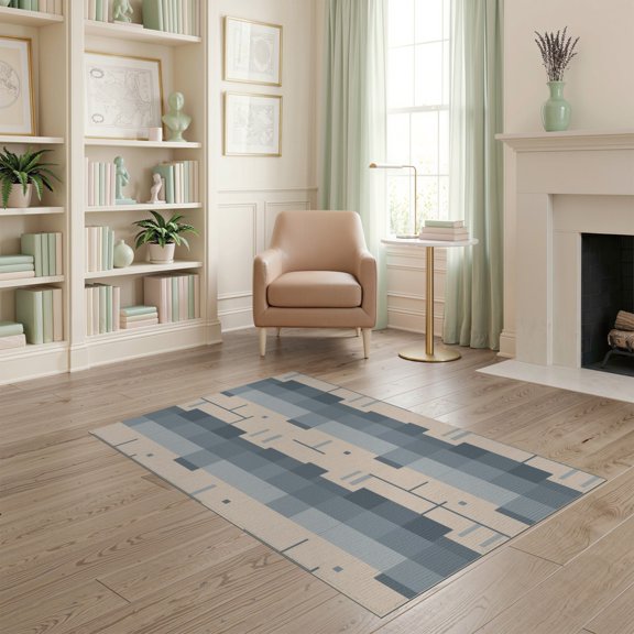 ODIKA 4'x6' Blue Geometric Striped Design Washable Area Rug Modern Pattern with Abstract Blocks Non-Slip, Chair-Friendly, Flatwoven for Home Office, Under Desk