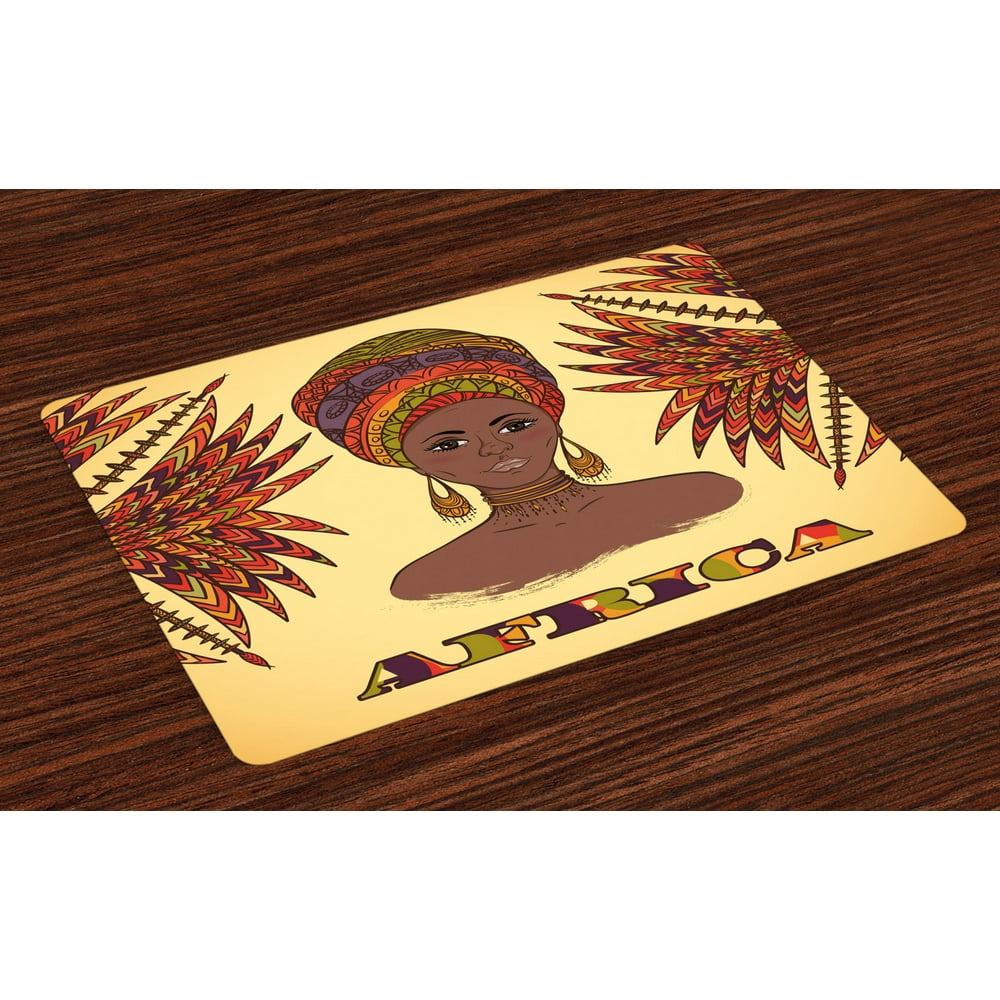 African Placemats Set of 4 Ethnic Woman in Traditional Turban and Palms