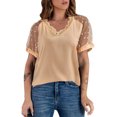 thumbnail image 4 of Top de verano para mujer, Top holgado con cuello en V y encaje con volantes cortos, Top de manga de malla transparente para mujer Albaricoque L, 4 of 6
