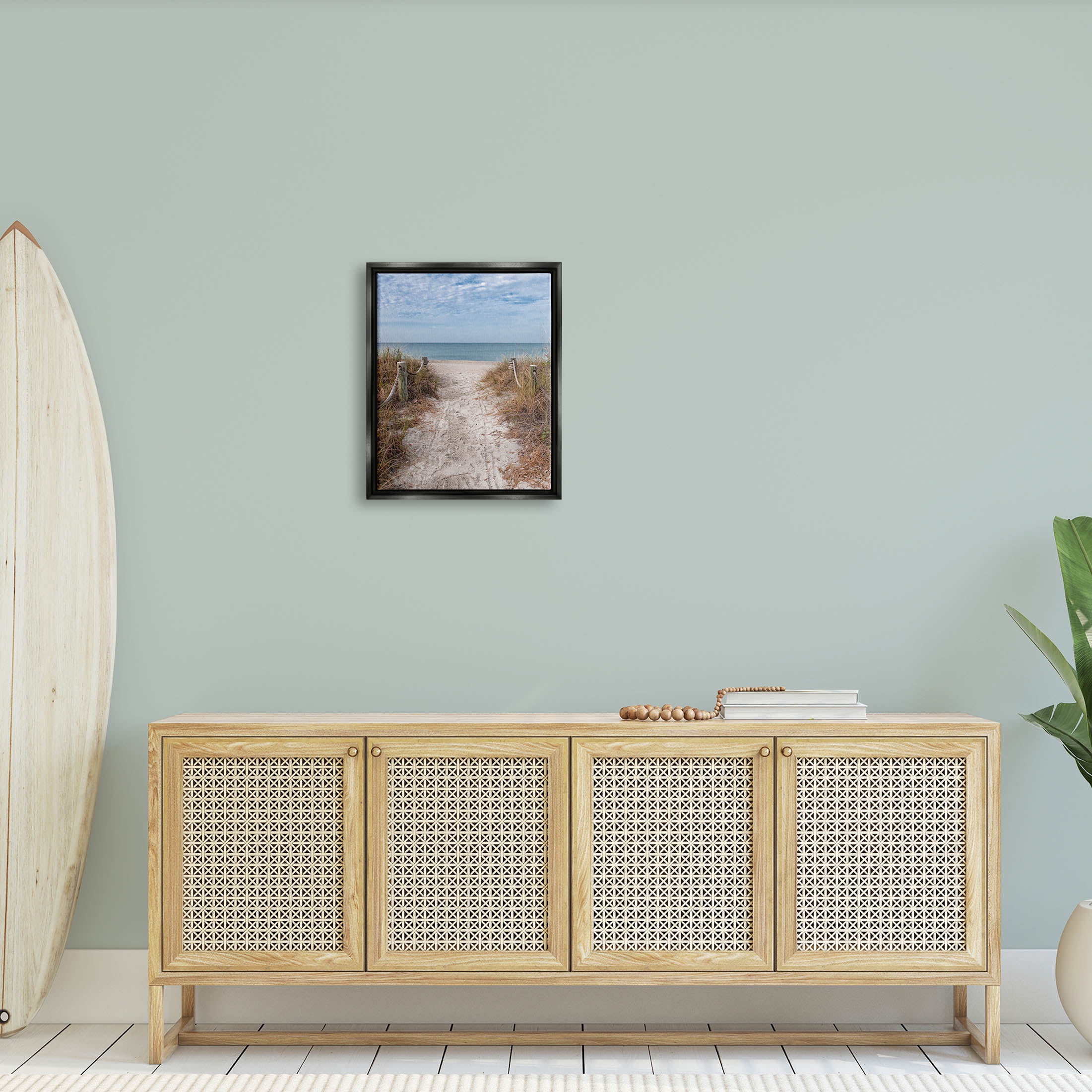 Stupell Industries Sandy Ocean Boardwalk Summer Horizon Photograph Jet Black Floating Framed Canvas Print Wall Art, Design by Mary Lou Photography