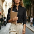 thumbnail image 6 of Enjoytime Shirts for Women Stand Collar V Neck Linen 3/4 Sleeve Tops Lightweight Business Casual Work Blouses, 6 of 7