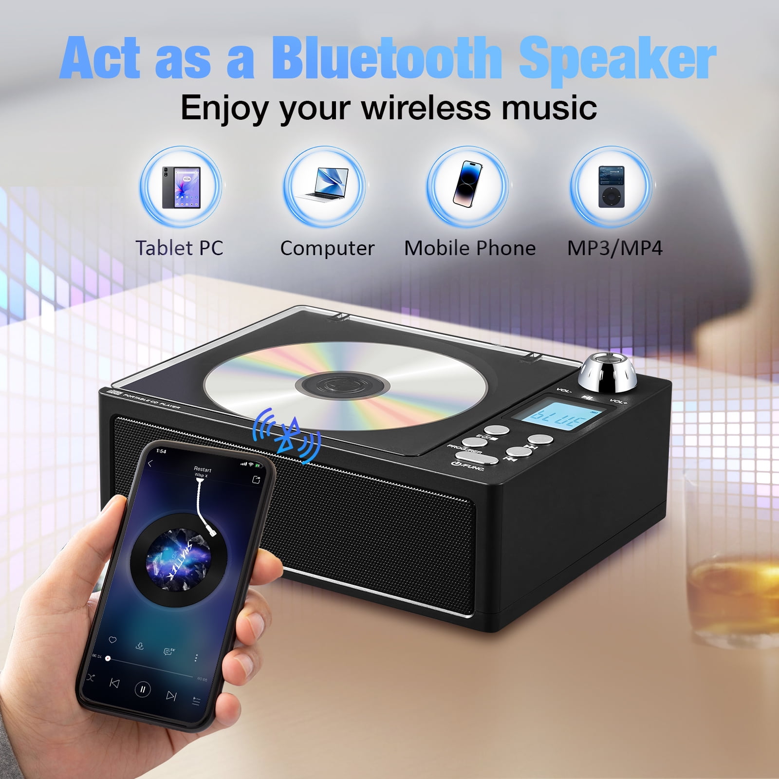 Portable CD Player with Bluetooth,Rechargeable CD Player with Speakers, FM Radio,Remote Control,Supports USB, TF, AUX.
