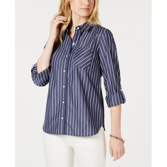 Tommy Hilfiger Cotton Striped Roll Tab Blouse Navy/White XS
