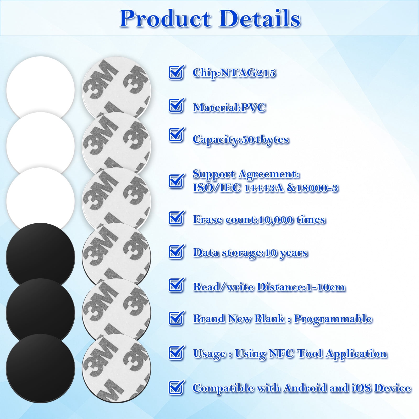 100PCS NFC Stickers Tags, 25mm Rewritable NTAG215 Blank NFC Cards with Adhesive Back, 504 Bytes Memory NFC Coin Card Chip for NFC Enabled Devices Phone Calls Automatically Commands (White, Black)
