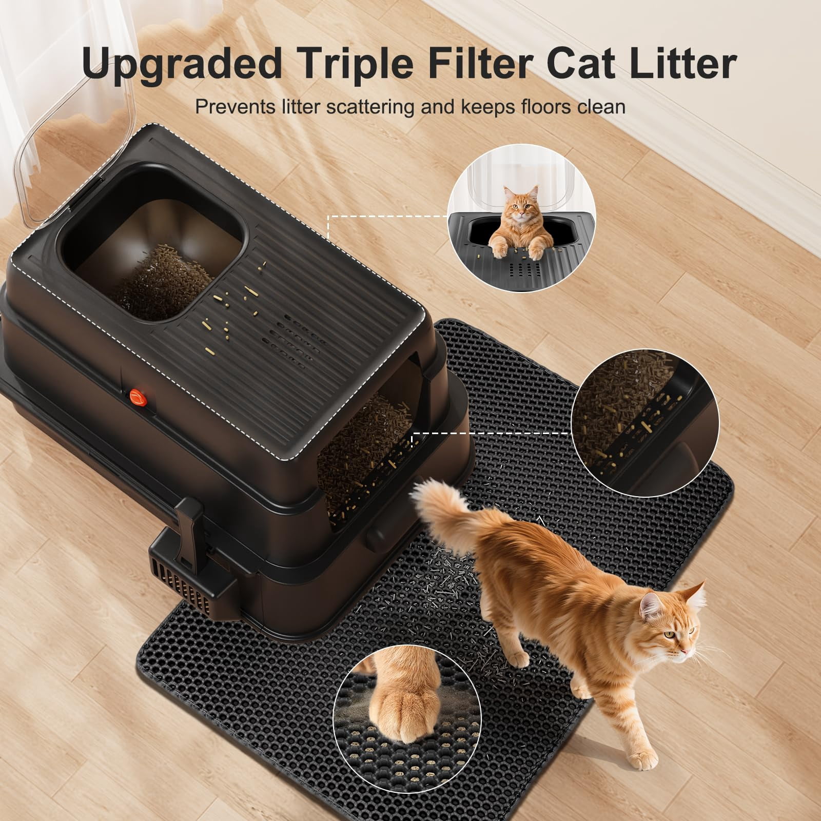 Black Stainless Steel XL Cat Litter Box With Lid, Drawer Enclosed Design For Big Cats