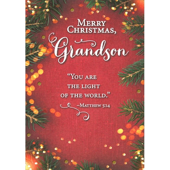 Designer Greetings Pine Needles on Dark Red : Light of the World Religious Christmas Card for Grandson