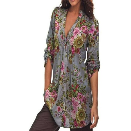 V-neck Vintage Tunic - Hot Fashion Women Vintage Floral Print V-neck Tunic Tops Women's Fashion Plus Size Tops