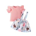 thumbnail image 1 of Heiheiup Girls Summer Fly Sleeve Pink Short Sleeved Top Rabbit Print Sling Dress Two Piece Suit, 1 of 6