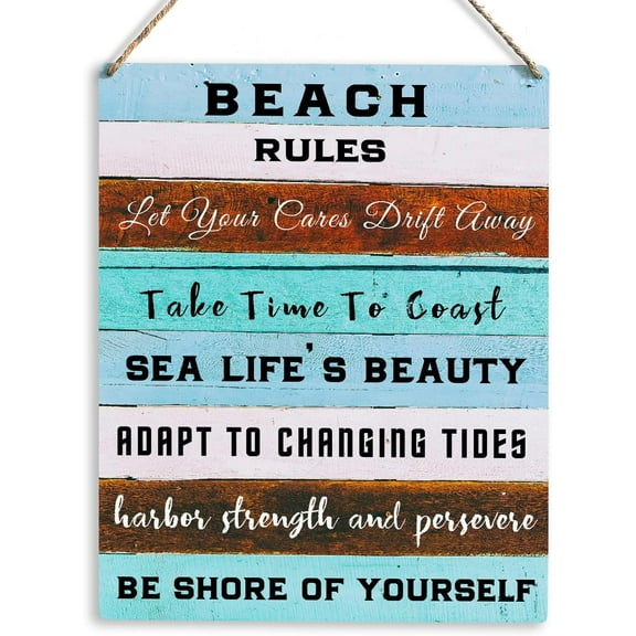 Beach Artwork Wood Sign Rustic Farmhouse Style Beach Rules Let Your Cares Drift Away Wooden Sign Hanging Plaque 8x10 Inch Summer Home Outdoor Decor for Presents2