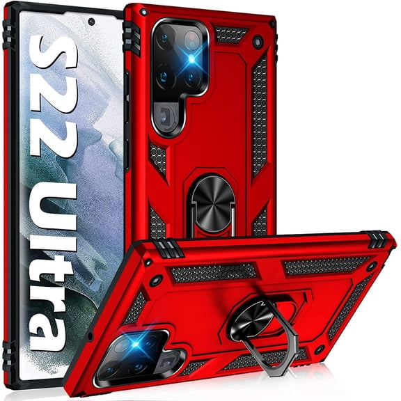 Military Grade Finger Loop Case with Ring Holder for Samsung Galaxy S22 Ultra 5G - Red