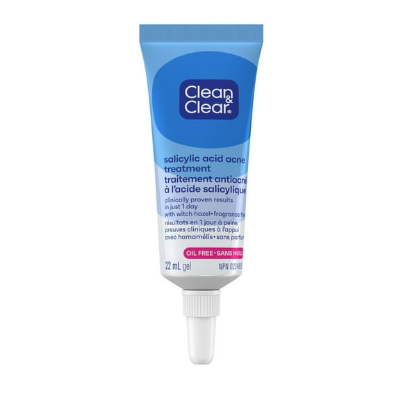 Clean & Clear Acne Treatment Gel with 2% Salicylic Acid, Oil-Free Topical Acne Treatment with Witch Hazel for Clinically Proven Results in 1 Day, Fragrance Free,, 22 mL
