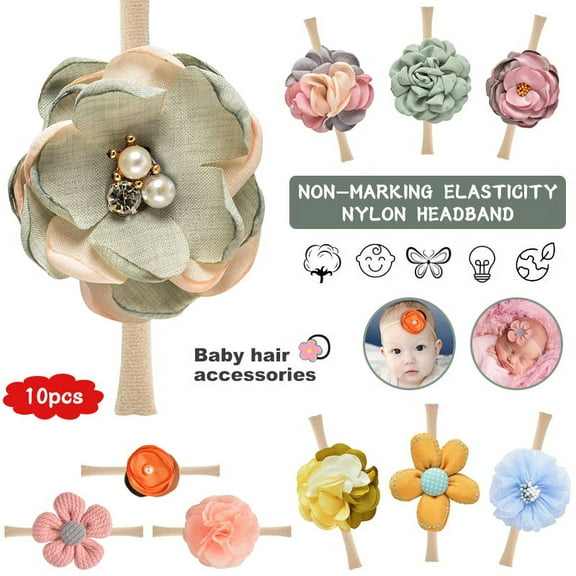 LNKOO 10PCS Baby Girls Headbands Soft Nylon Hairbands Elastics Flowers Hair Bows Handmade Hair Accessories-Super Soft & Stretchy Nylon Floral Hairbands for Newborn Infant Toddlers Kids