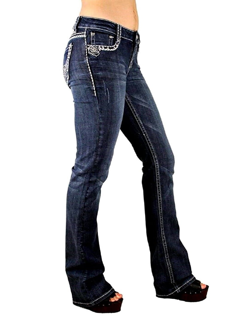Jack David Women's Rhinestone Mid Rise Bootcut Stretchy Denim