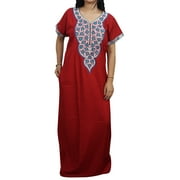 Mogul Womens RED Kaftan Nightgown Embroidered MAXI DRESS Cotton Caftan Nightdress