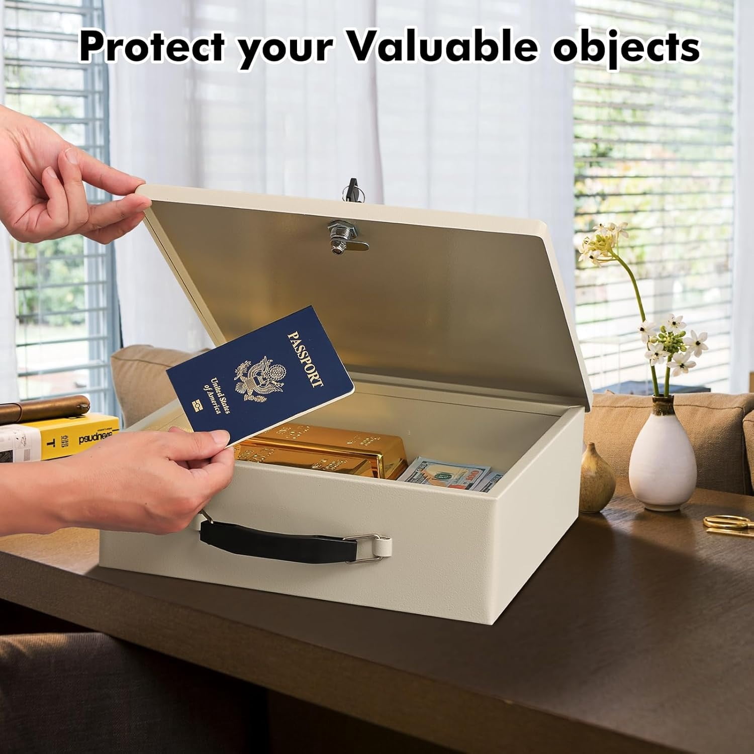 Fireproof Document Box with Key Lock, Safe Storage Box for Valuables, Fire Resistance Security, Fireproof Lock Box for Passport, Cash, Tablet 13.2'' x 11'' x 4.13'' Beige