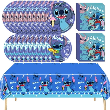 41 PCS Stitch Birthday Decorations Tableware Set, Stitch Plates and Napkins Party Supplies Includes 20 PCS Paper Plates, 20 PCS Napkins and 1 PCS Tablecloth