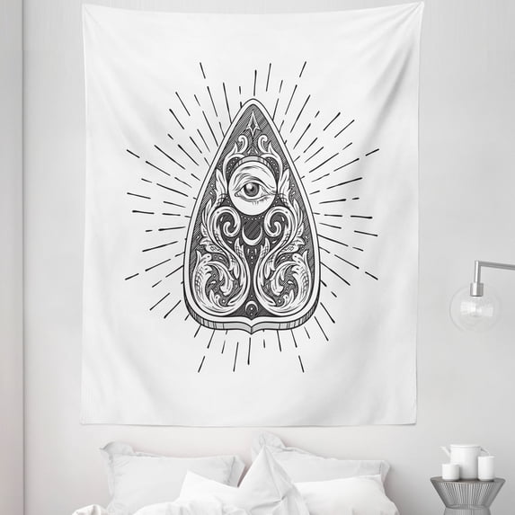 Ouija Board Tapestry, Hand Drawn Hatched Sketch of Oriental Motifs and Eye in the Middle, Fabric Wall Hanging Decor for Bedroom Living Room Dorm, 5 Sizes, Charcoal Grey and White, by Ambesonne