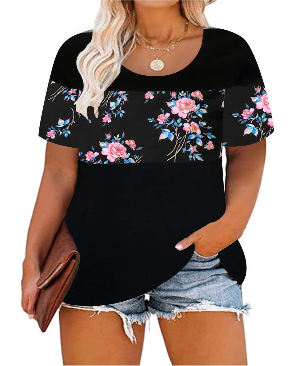 TIYOMI Plus Size Tops For Women Floral T-Shirts Gaphic Short Sleeve ...
