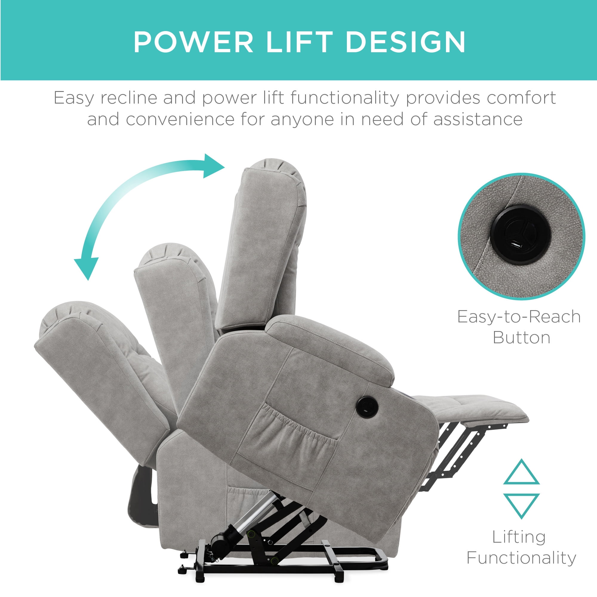 Best Choice Products Electric Power Lift Recliner Massage Chair Furniture w/ USB Port, Heat, Cupholders - Gray
