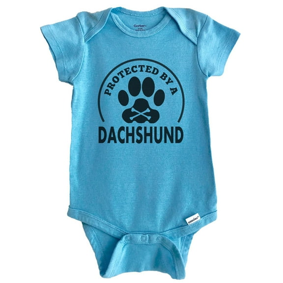 Protected By A Dachshund Funny Baby Bodysuit (Blue)