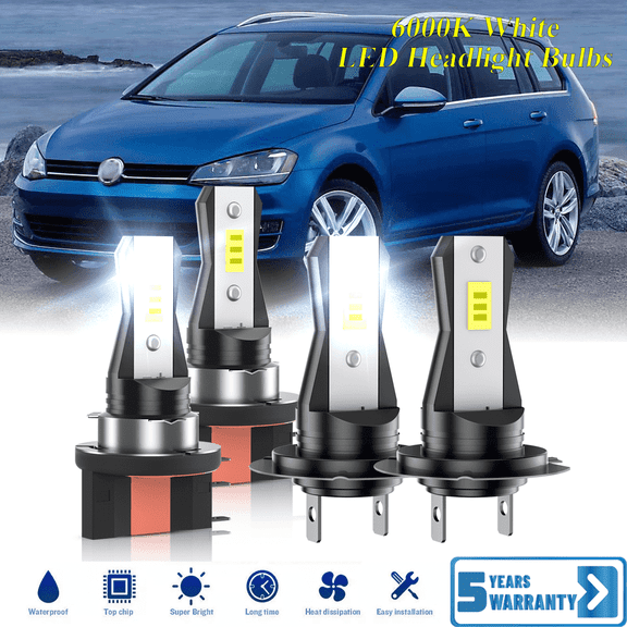 Compatible with Volkswagen Golf 2010-2018 – H15 H7 LED Headlight Bulbs KIT High Low Beam Combo (Pack of 4) , 6000K White Super Bright, Plug and Play