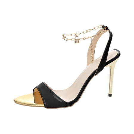 

Black Heels Women S Shoes Candy Colored Pointed Sandals Fashion High Heels Metal Chain Large Shoes